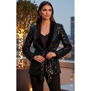 DESIGNER ASOS DESIGN BLACK SEQUIN SATIN COLLAR LONG SLEEVE BELTED EVENING BLAZER